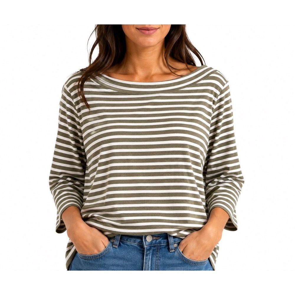 J Jill Womens Plus 1X Olive White Stripe 100% Cotton Boatneck 3/4 Sleeve Top